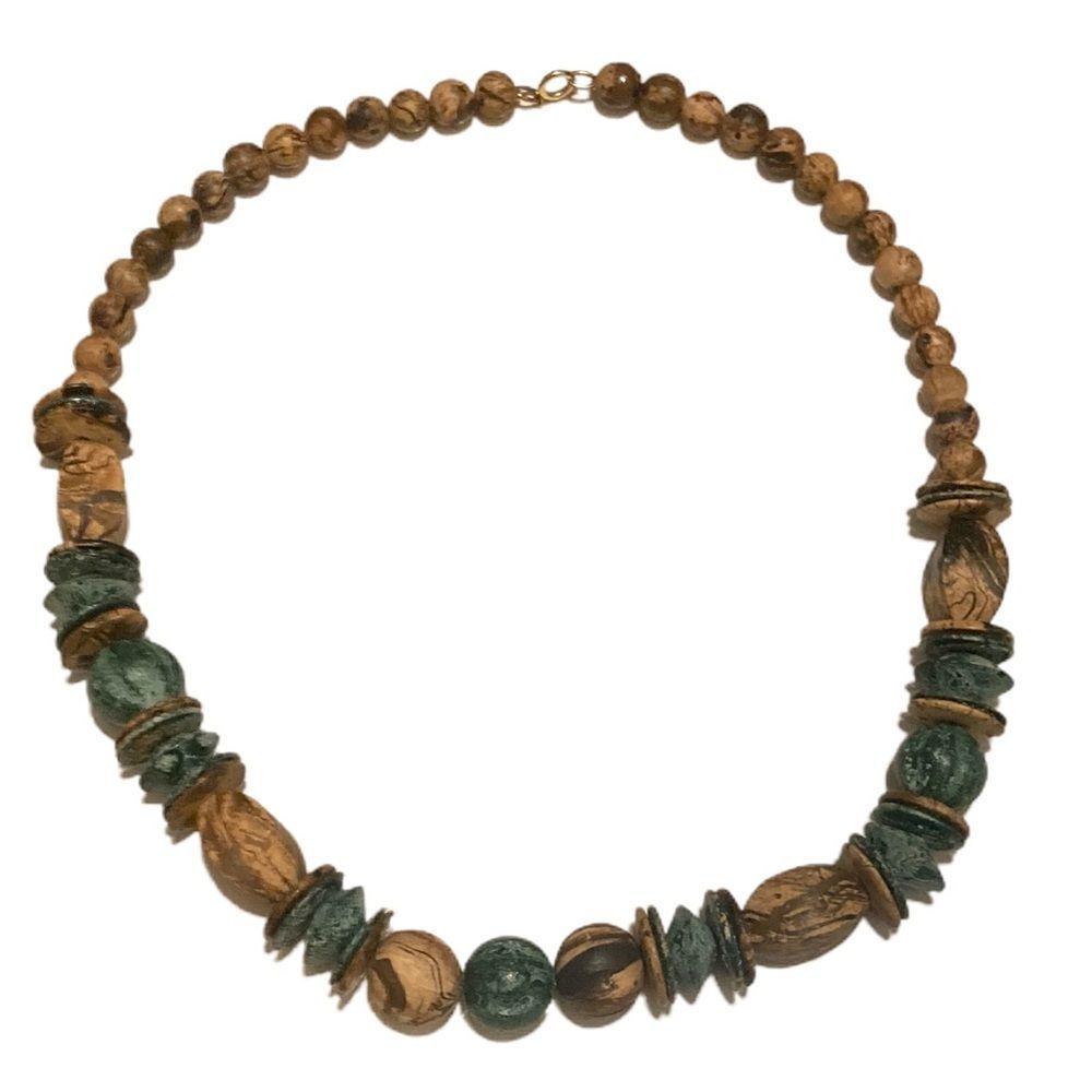Vintage Wood Bead Bracelet Brown Teal